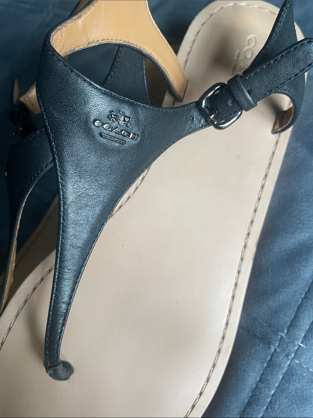 Coach Black Leather T-Strap Sandals with Tan Footbed - Picture 2 of 7